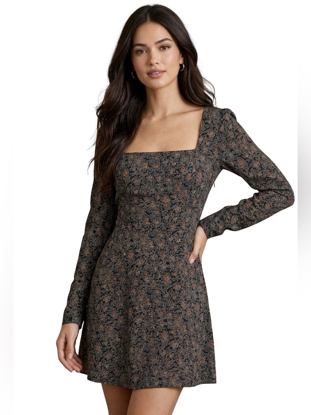 Flynn Skye Brown Floral Mini Dress Square Neck Long Sleeve Boho Whimsigoth NWT S